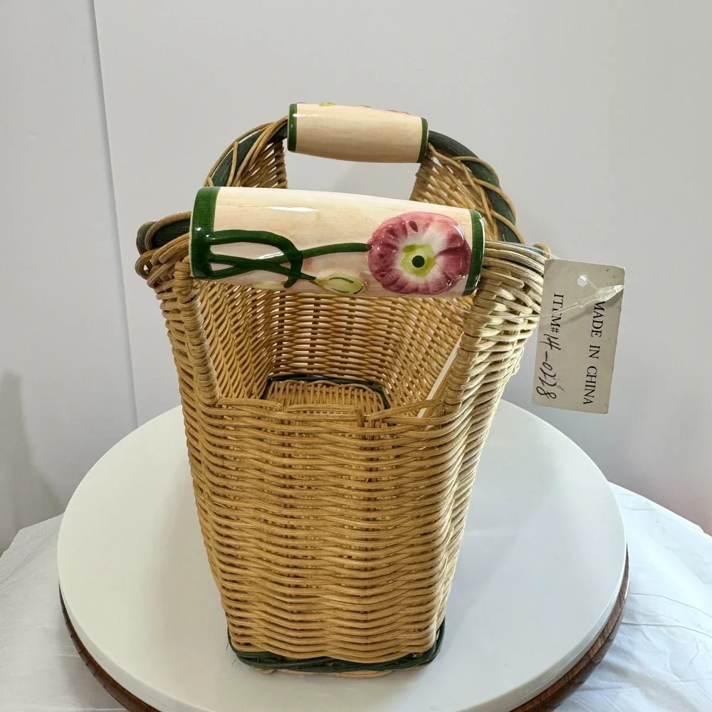 Vintage 80s Cottagecore Wicker Basket with Ceramic Floral Relief Tile and Handle